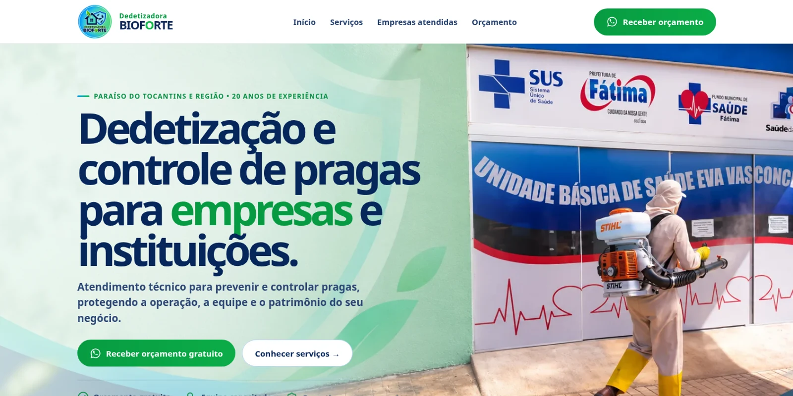 Página inicial do site institucional da Dedetizadora Bioforte